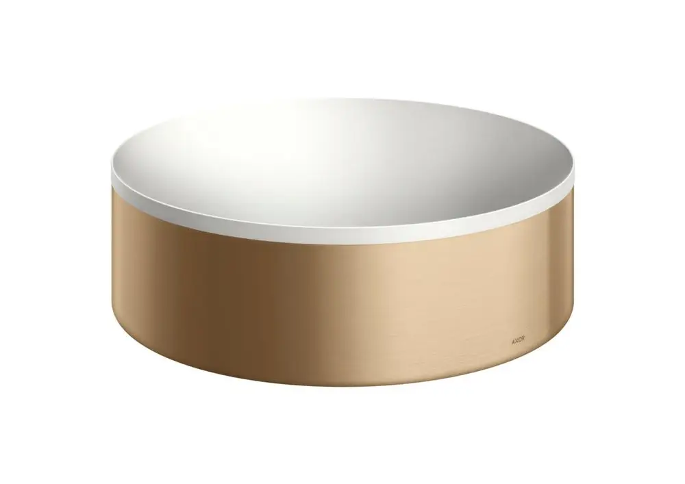Runder Aufsatzwaschtisch mit glänzender, weißer Innenschicht und gebürsteter Bronze-Außenseite, gestaltet von AXOR.